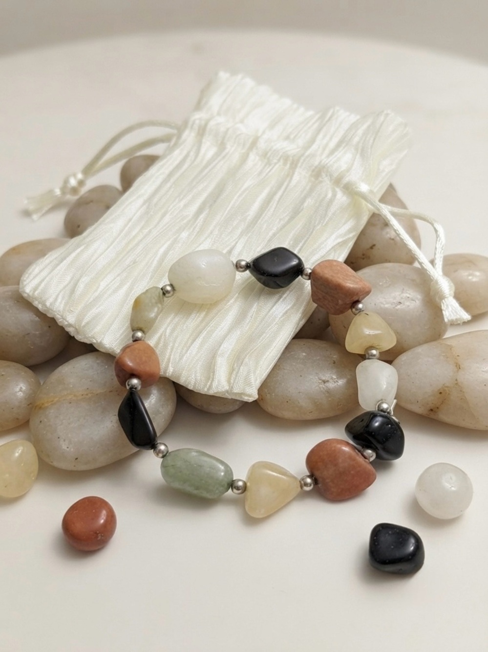 Multicolor Tumbled Stone Chip Beaded Stretch Bracelet